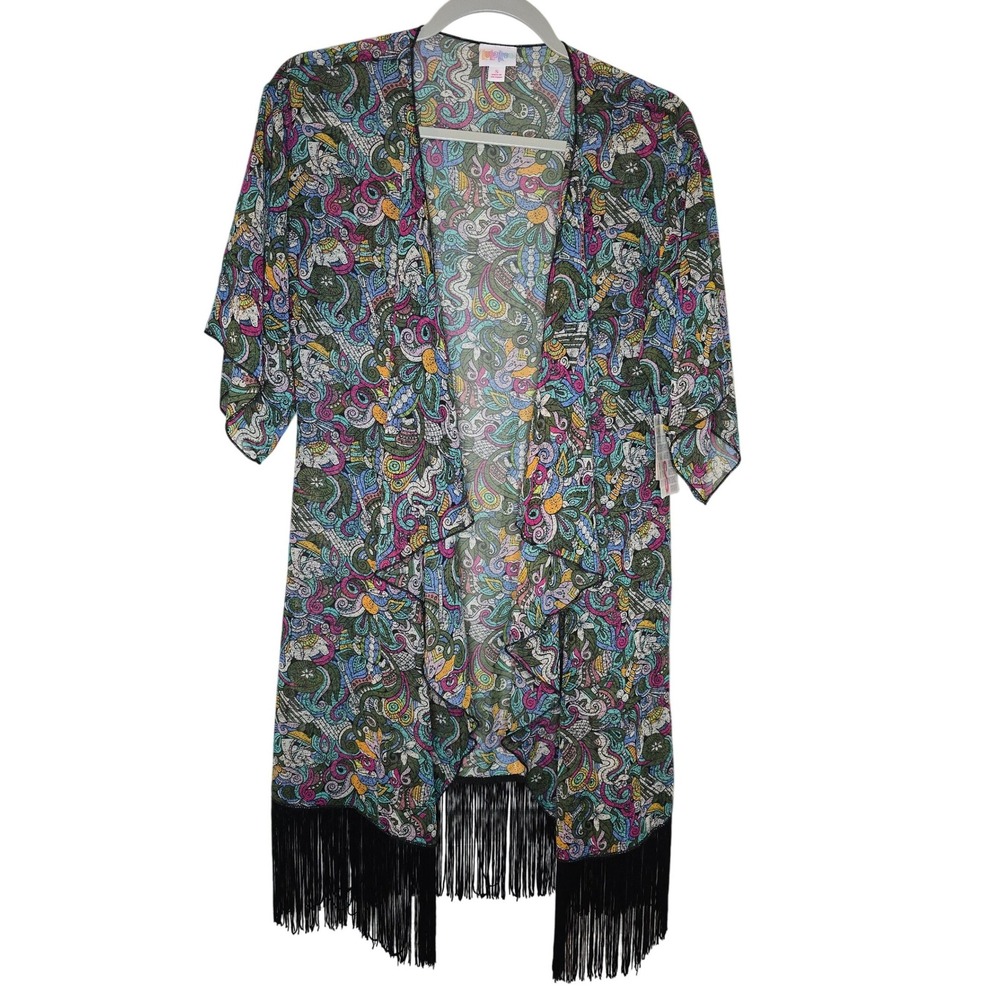 LuLaRoe Monroe Kimono Wrap Small Multi Color Paisley Fringe Open Front NWT